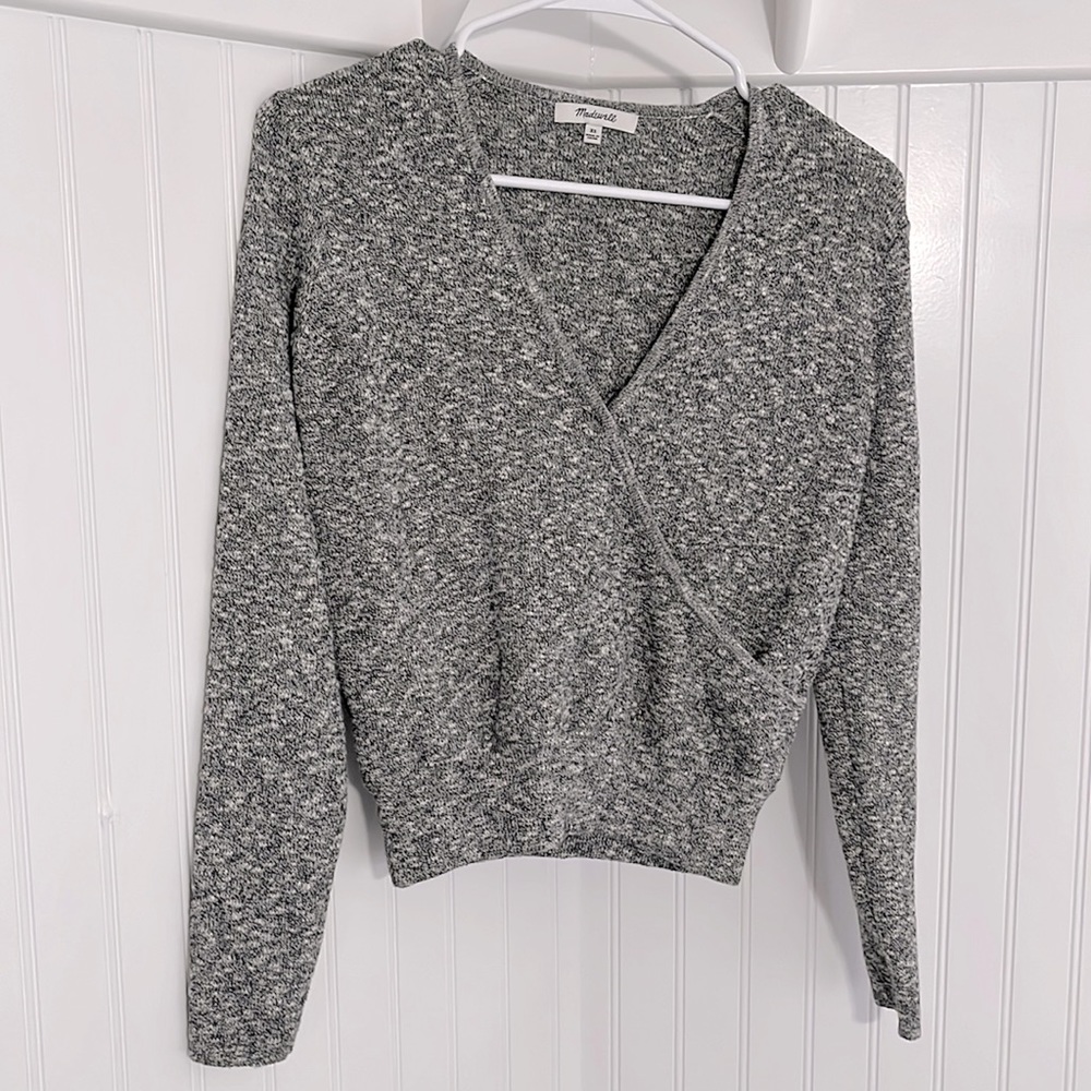 Madewell Soft Heather Gray Ling-Sleeve V-Neck Sweater